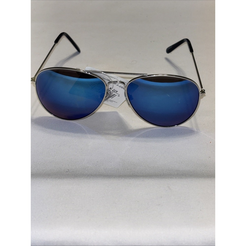 Blue Mirror Aviator Sunglasses Silver Metal Frame UV Protection NWT